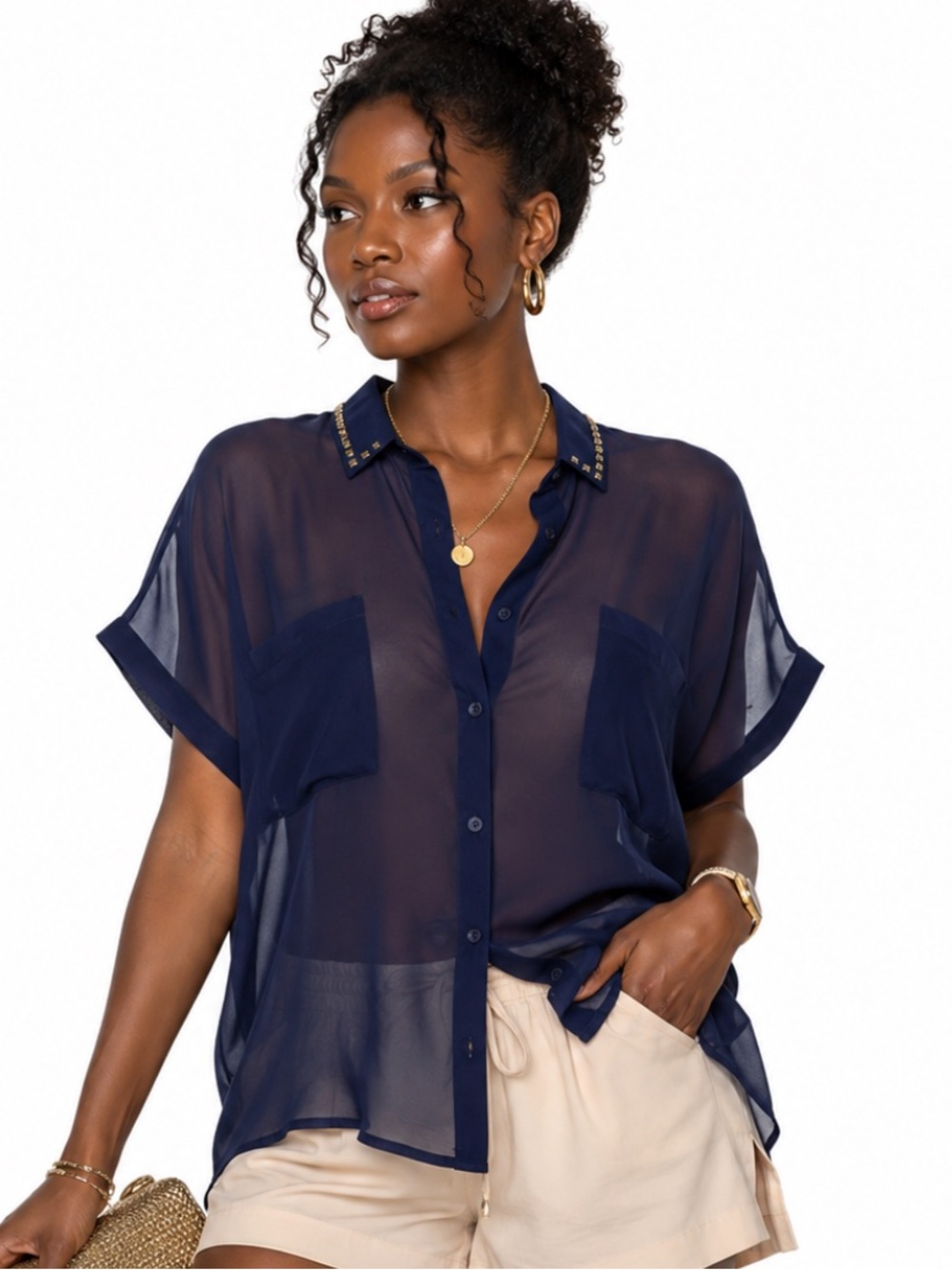 FOREVER 21 ROYAL BLUE GUNMETAL STUDDED COLLAR SHORT SLEEVE BLOUSE L NWT